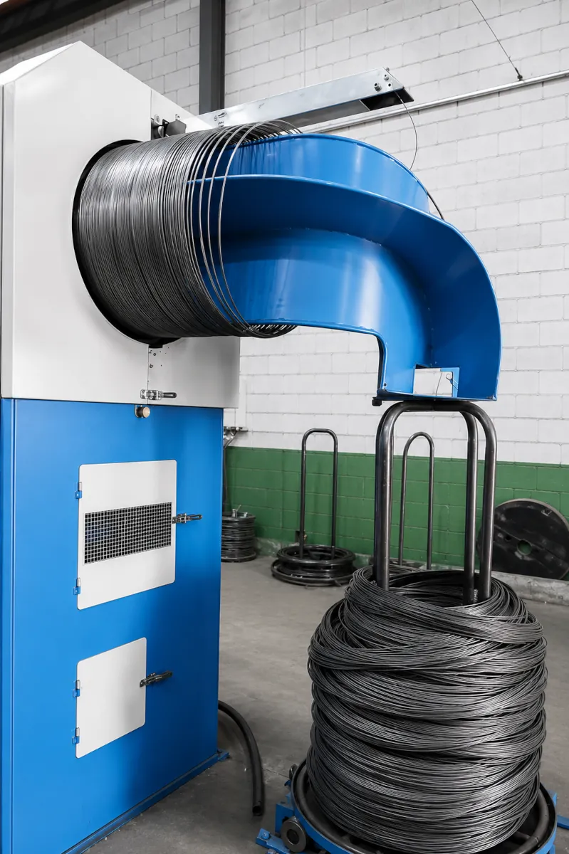 Máquina de trefilação em operação na fábrica da Laud Arames, com rolo de arame passando pelo equipamento